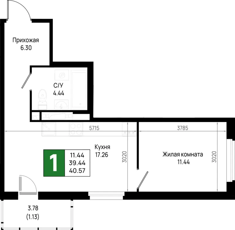 1-комн. 40.6 м²