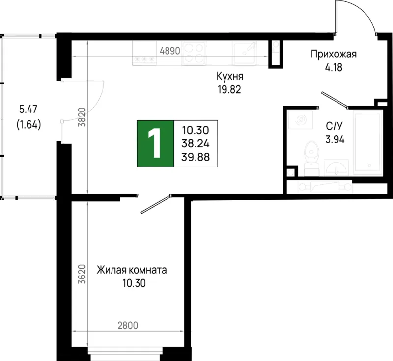 1-комн. 39.9 м²