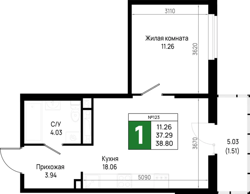 1-комн. 38.8 м²