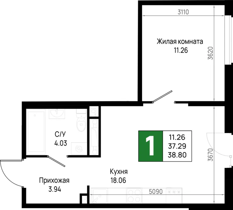 1-комн. 38.8 м²
