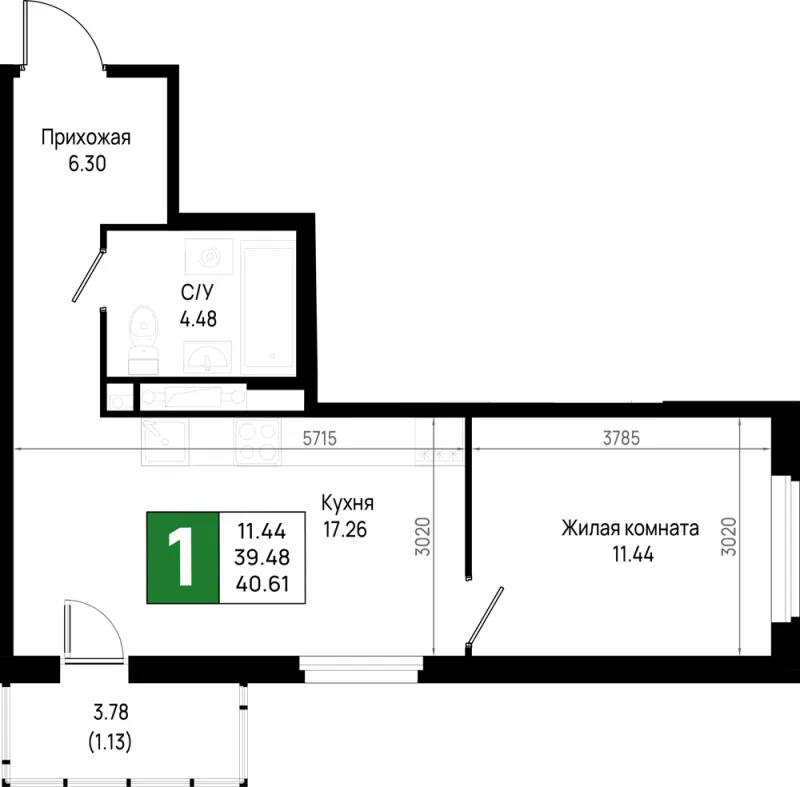 1-комн. 40.6 м²