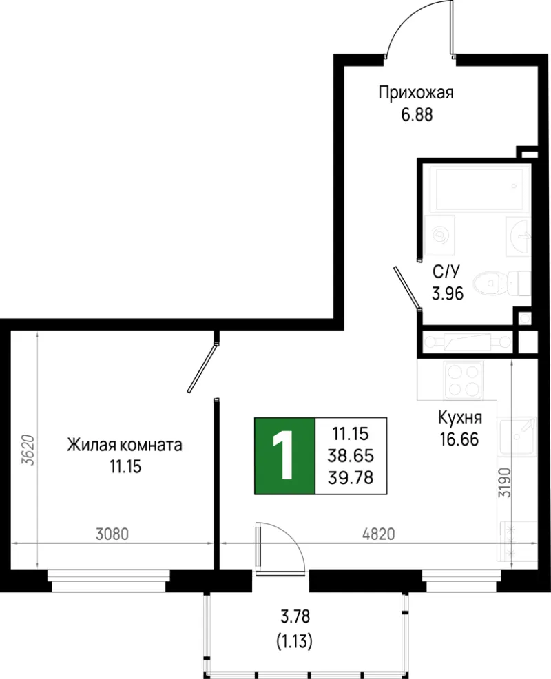1-комн. 39.8 м²