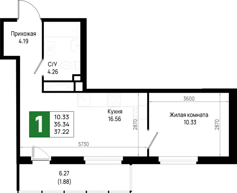 1-комн. 37.2 м²
