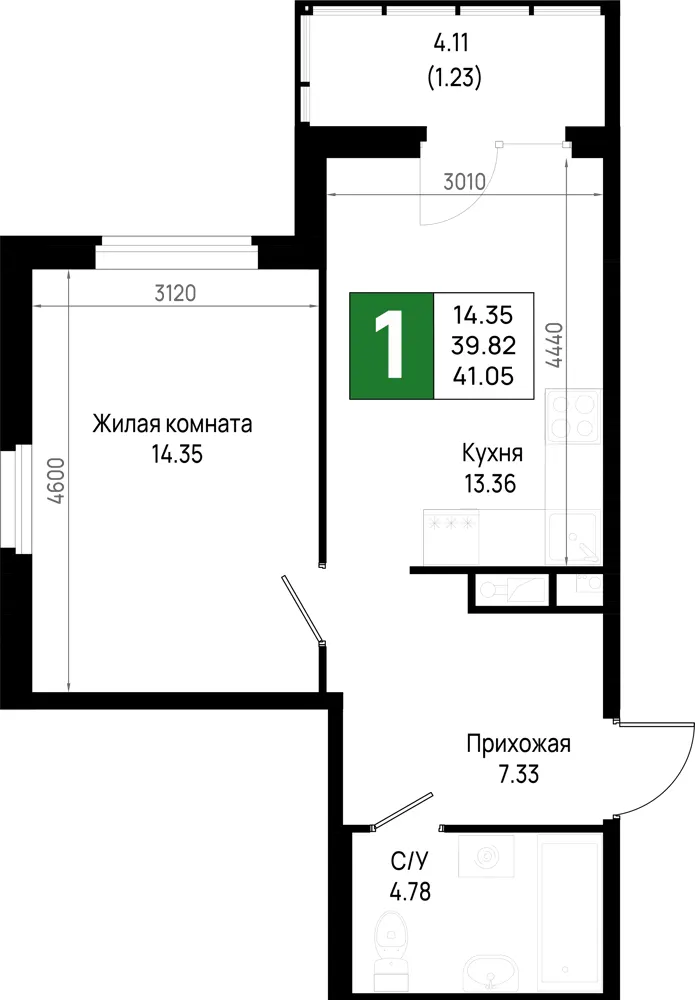 1-комн. 41.1 м²