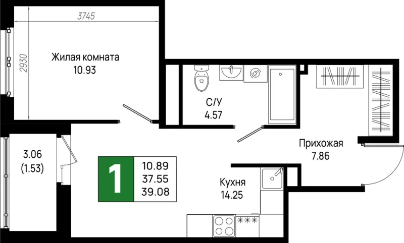 1-комн. 39.1 м²