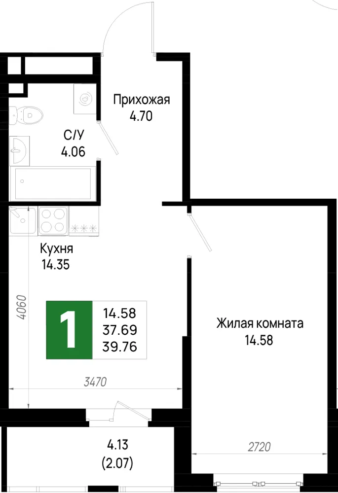 1-комн. 39.8 м²