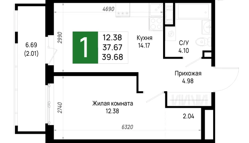 1-комн. 39.7 м²