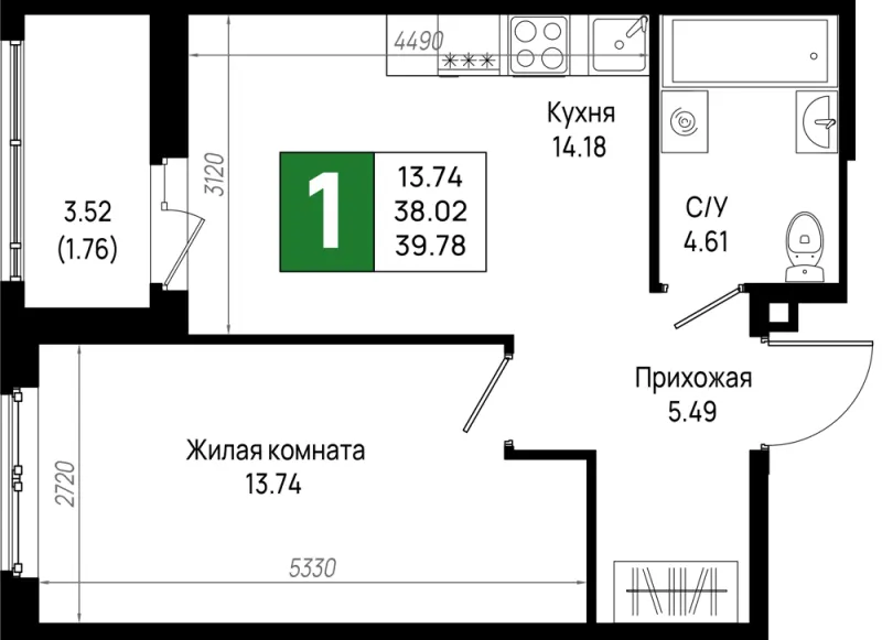 1-комн. 39.8 м²