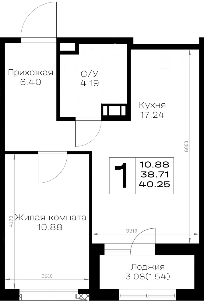 1-комн. 40.3 м²