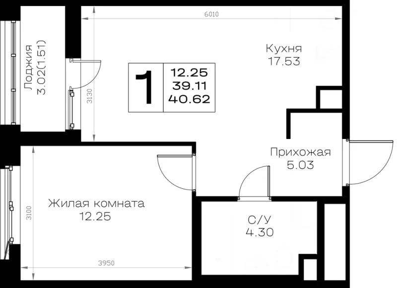 1-комн. 40.6 м²