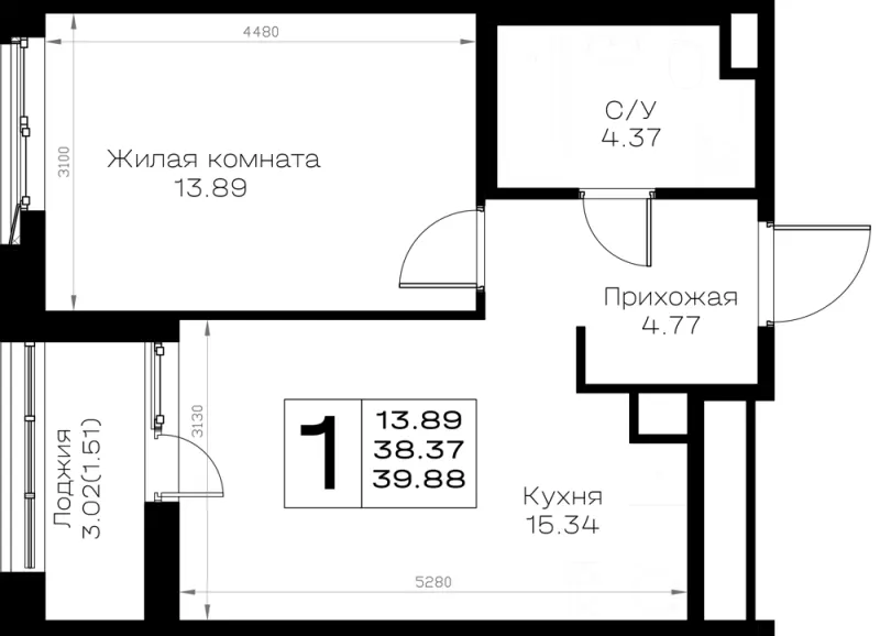 1-комн. 39.9 м²
