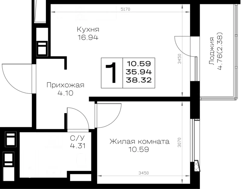 1-комн. 38.3 м²