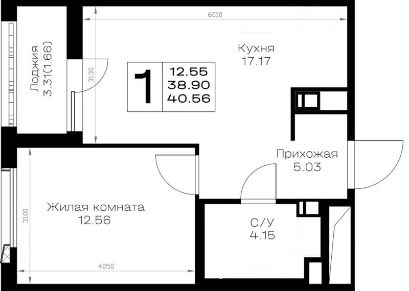 1-комн. 40.6 м²