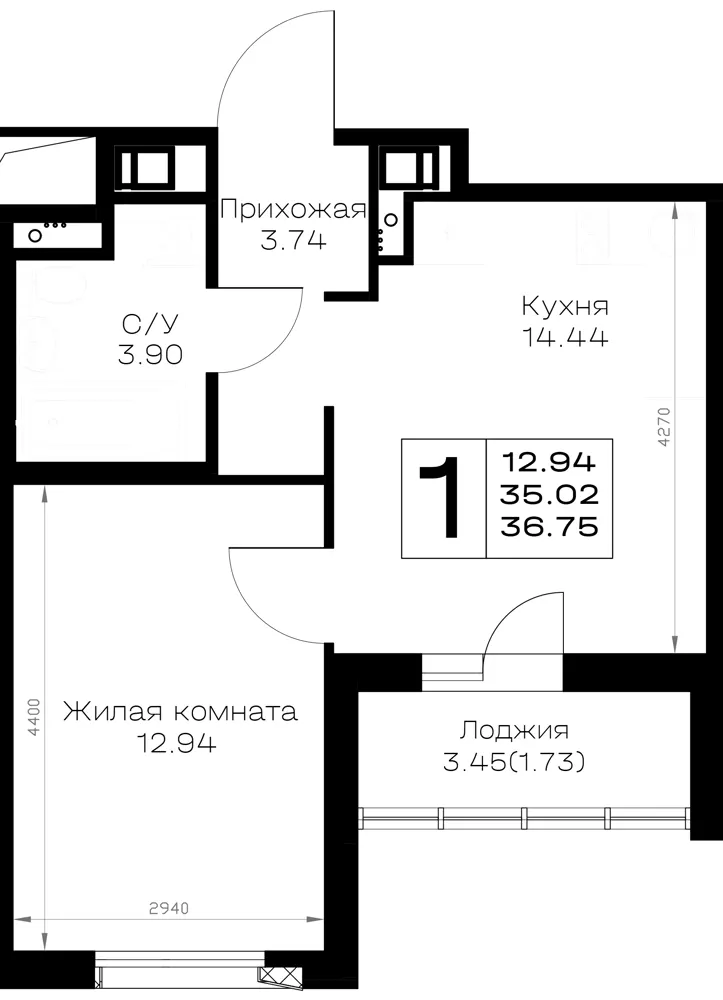 1-комн. 36.8 м²