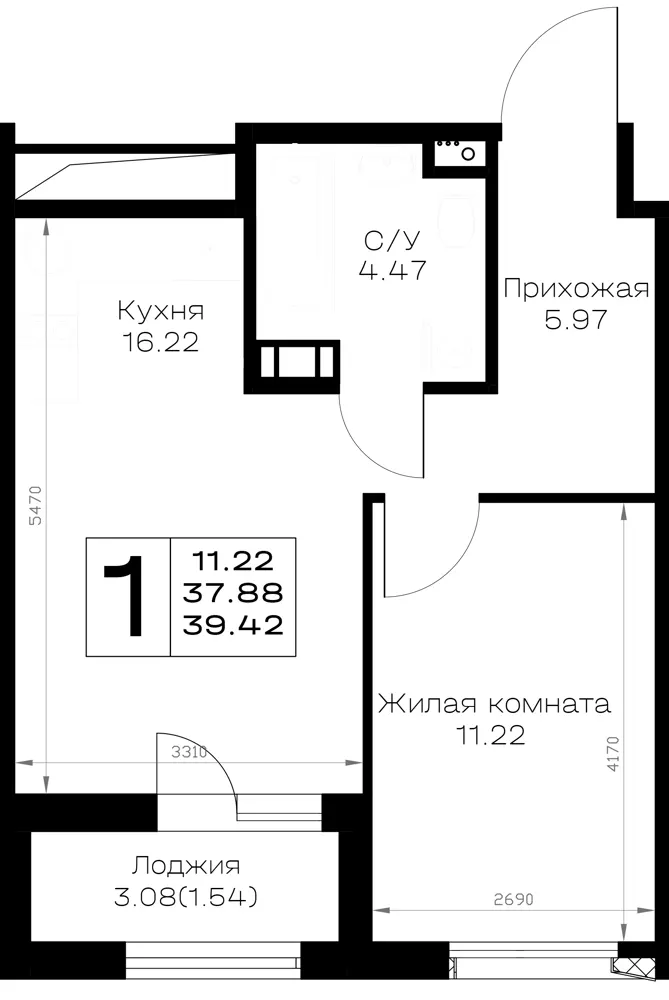 1-комн. 39.4 м²