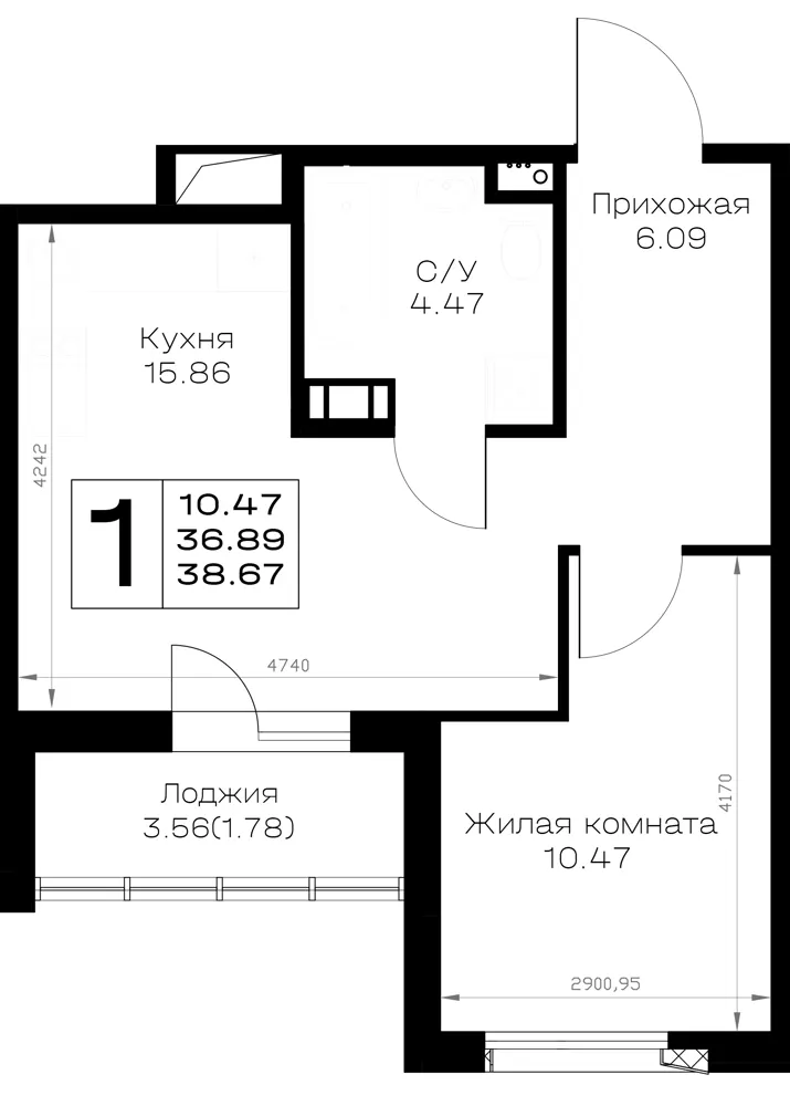 1-комн. 38.7 м²