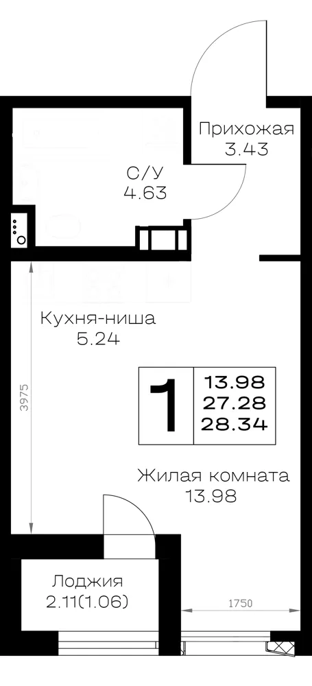 Студия 28.3 м²