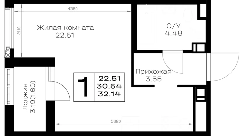 Студия 32.1 м²