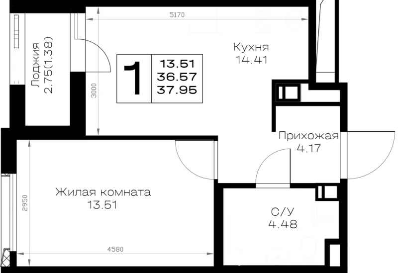 1-комн. 38 м²