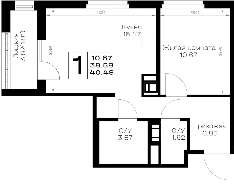 1-комн. 40.5 м²