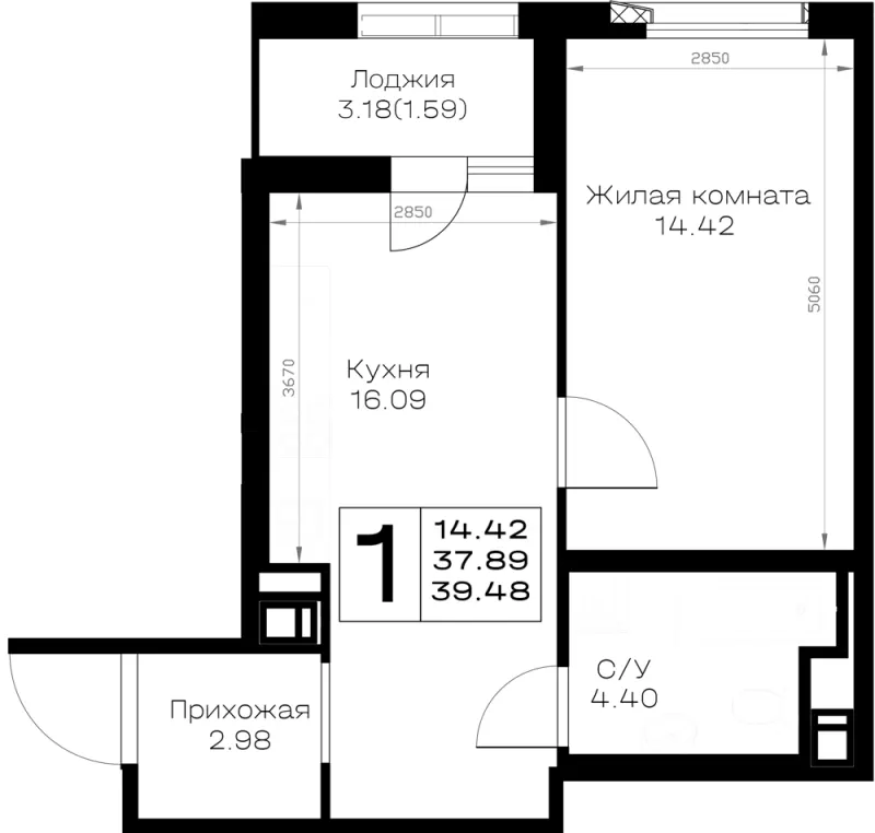 1-комн. 39.5 м²
