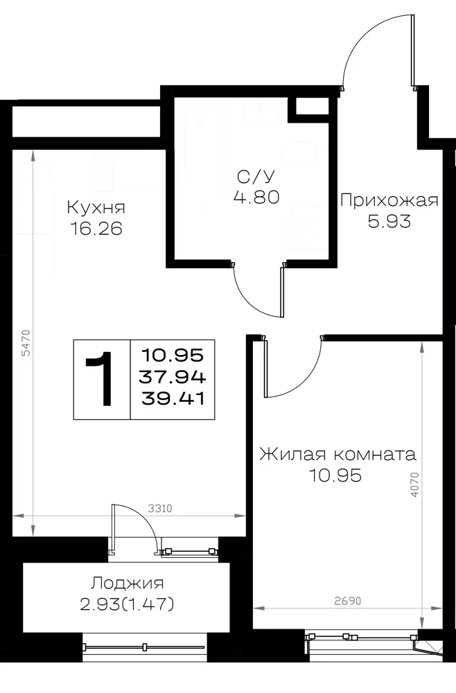 1-комн. 39.4 м²