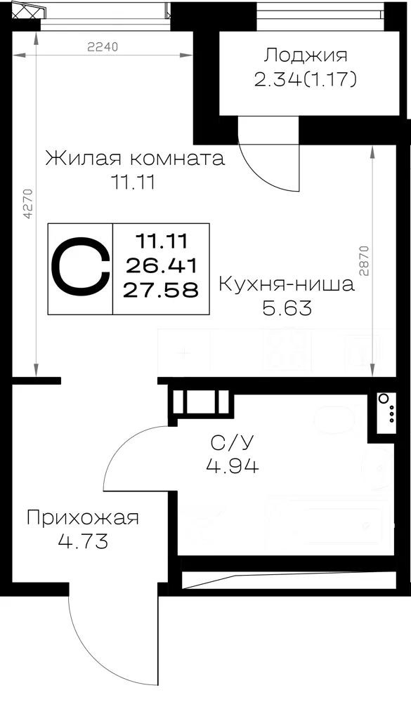 Студия 27.6 м²