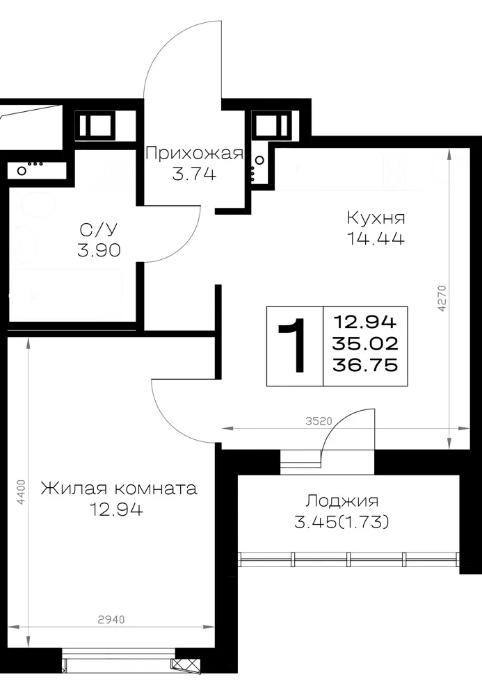 1-комн. 36.8 м²
