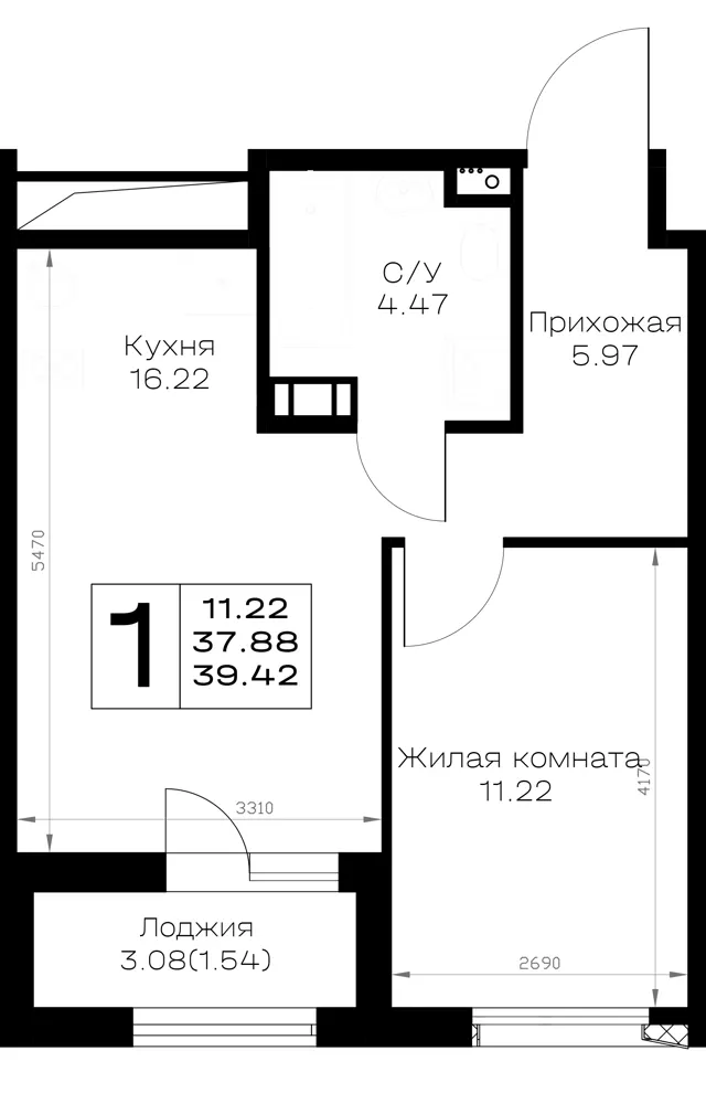 1-комн. 39.4 м²