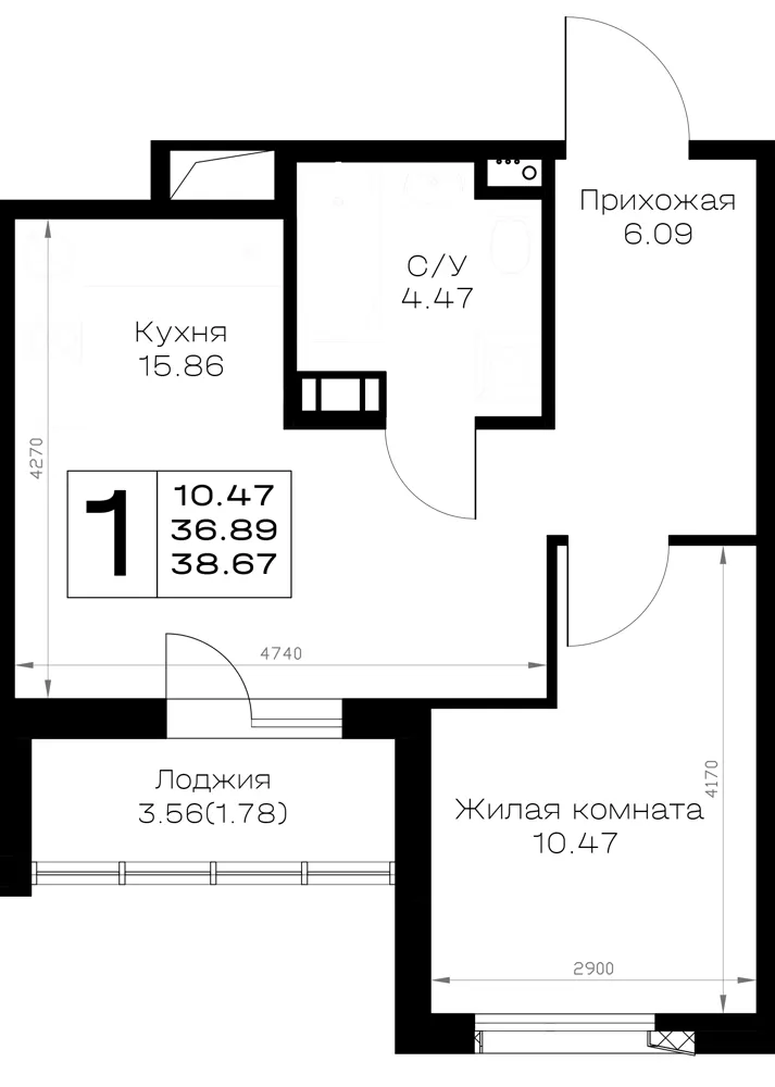 1-комн. 38.7 м²