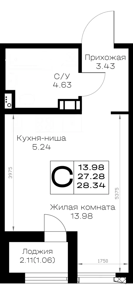 Студия 28.3 м²