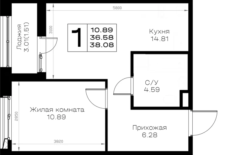 1-комн. 38.1 м²