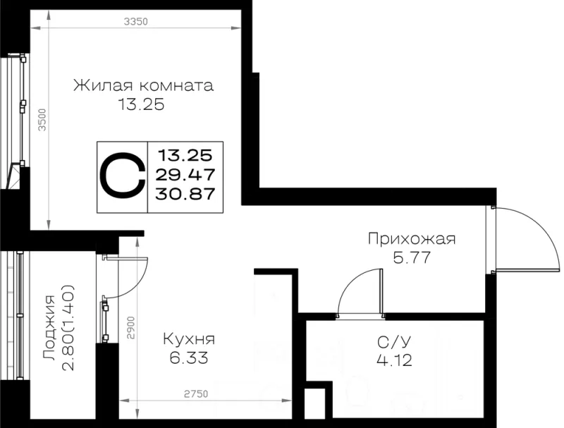Студия 30.9 м²