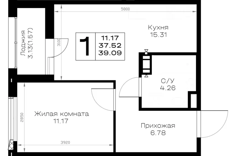 1-комн. 39.1 м²