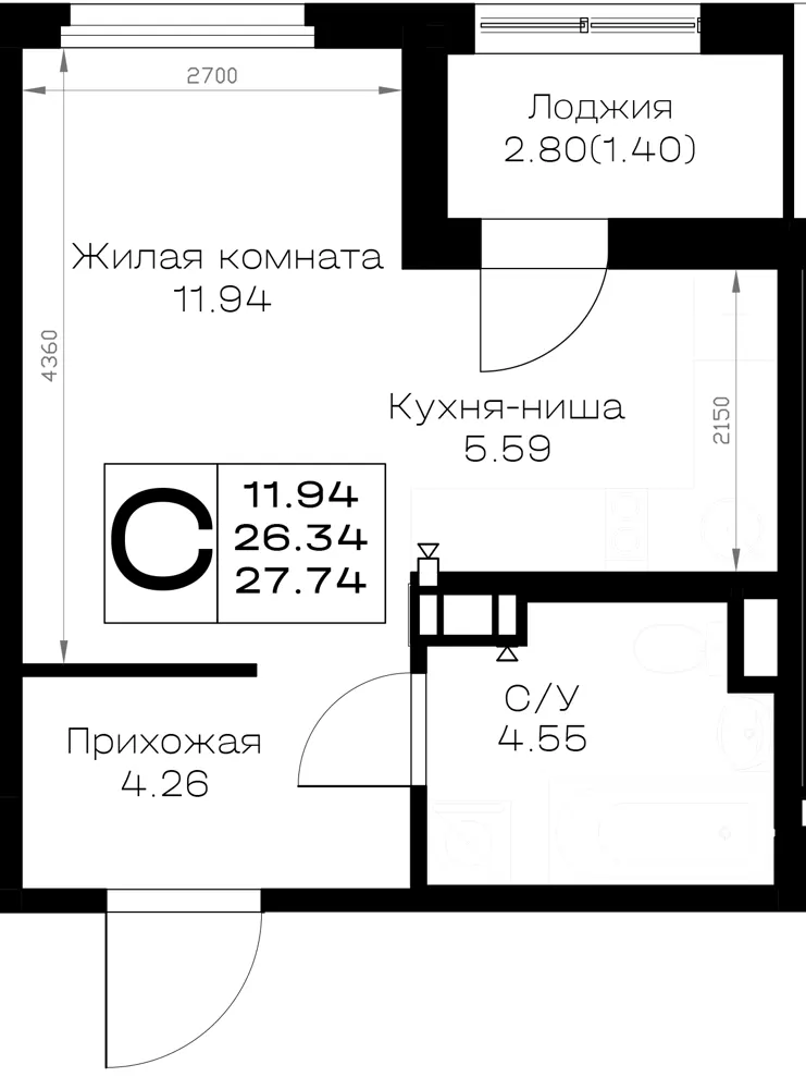 Студия 27.7 м²