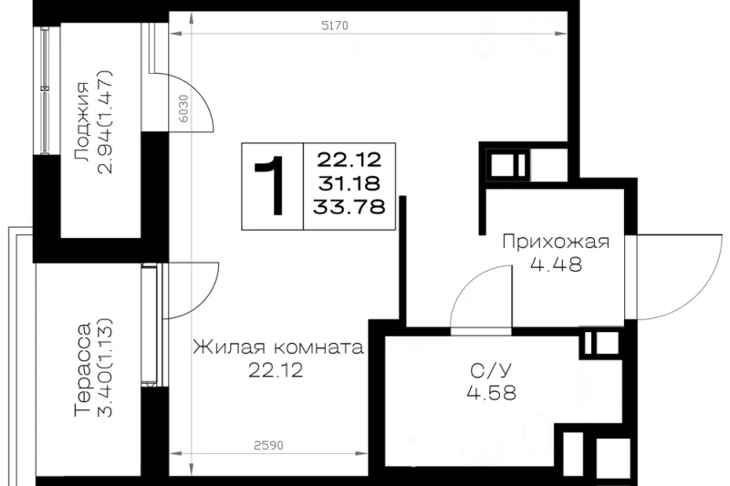 Студия 33.8 м²