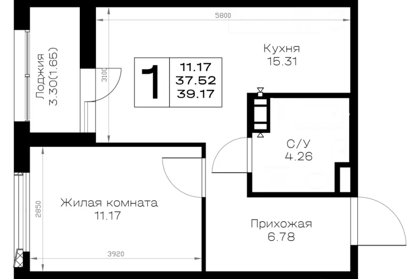 1-комн. 39.2 м²
