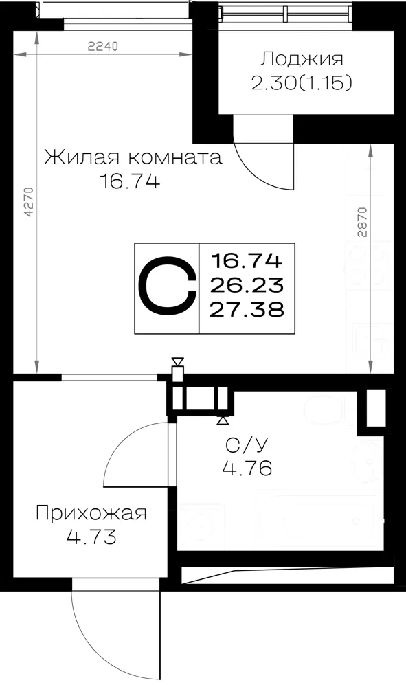 Студия 27.4 м²