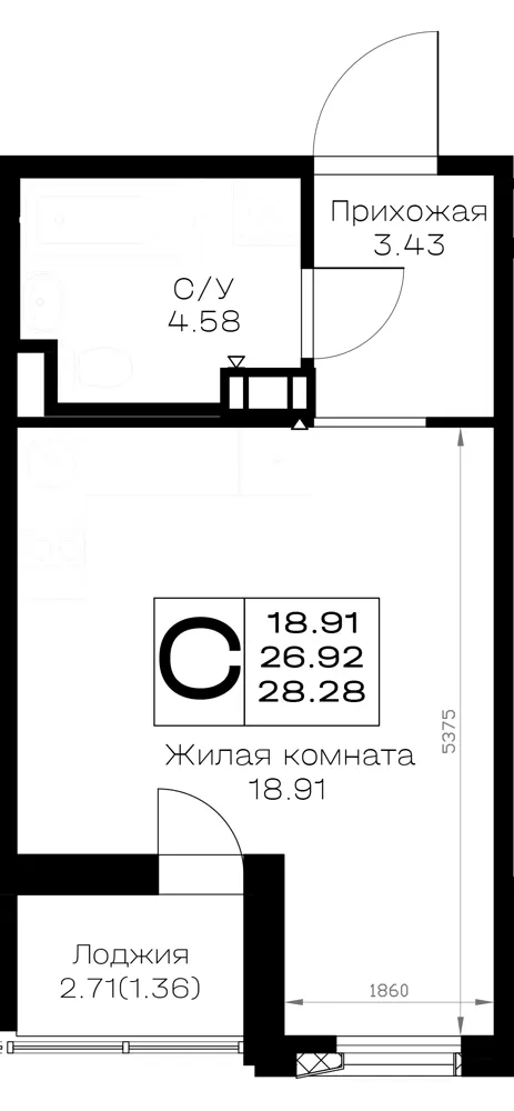 Студия 28.3 м²