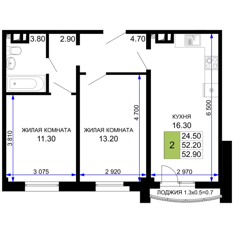 2-комн. 54.3 м²