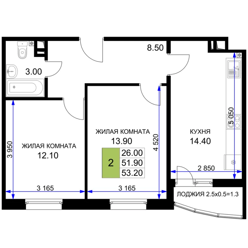 2-комн. 54.1 м²