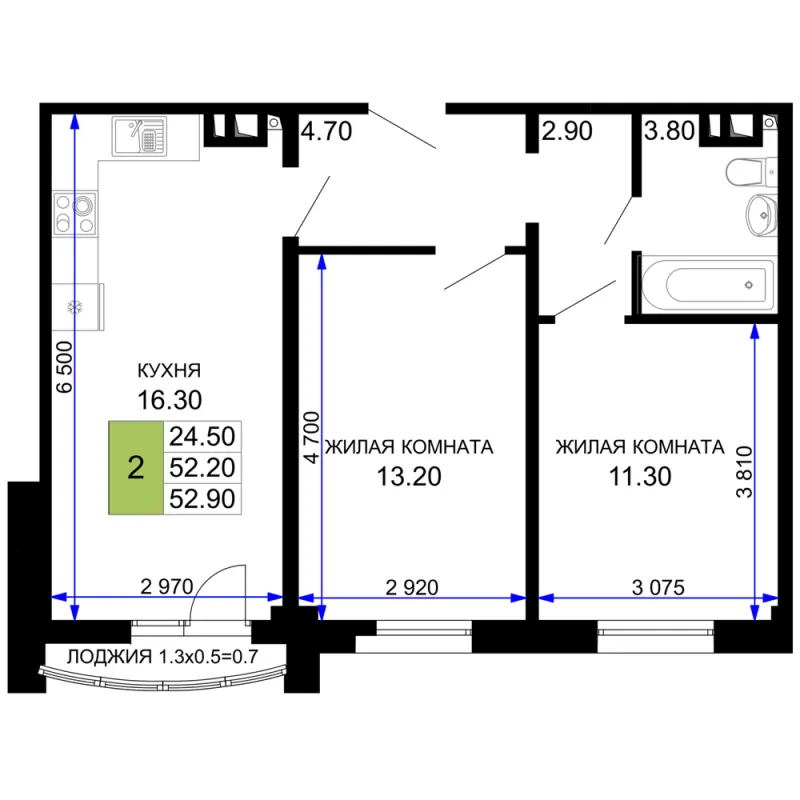 2-комн. 54.1 м²
