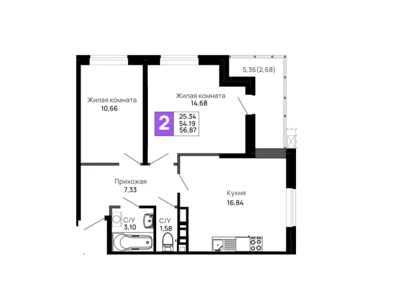 2-комн. 56.9 м²