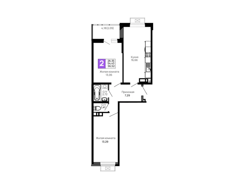 2-комн. 56.5 м²