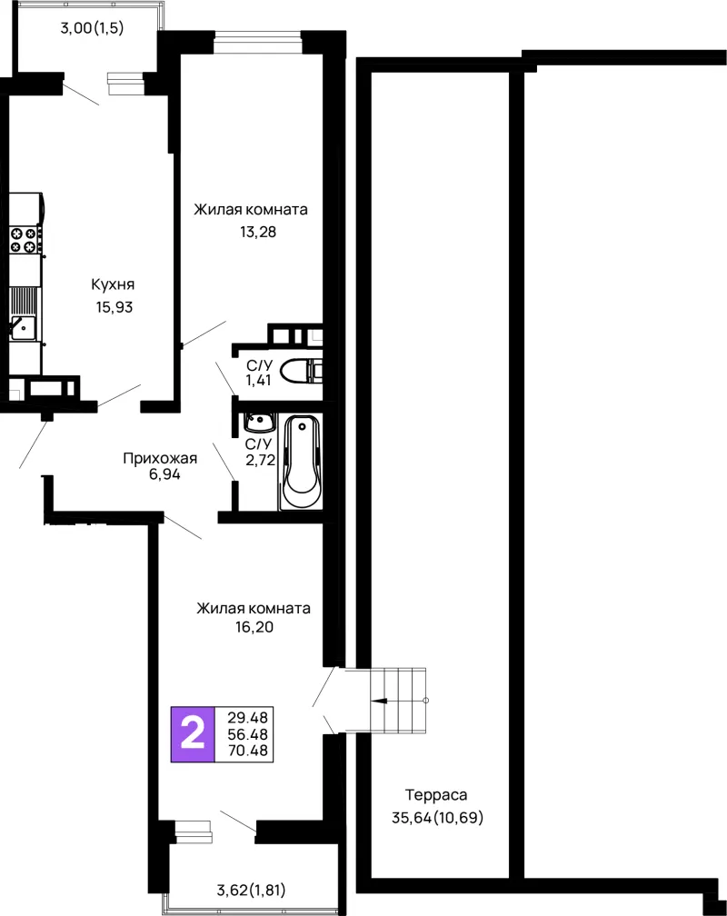 2-комн. 70.5 м²