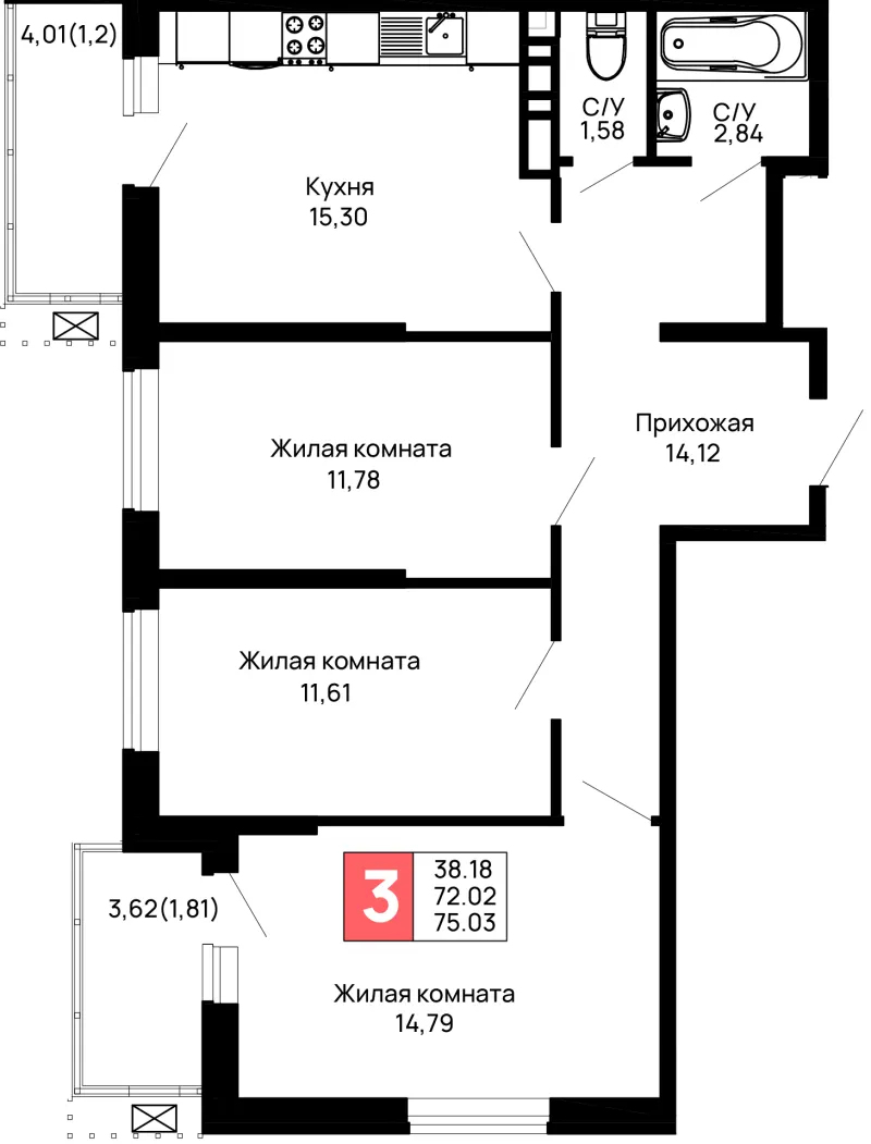 3-комн. 75 м²