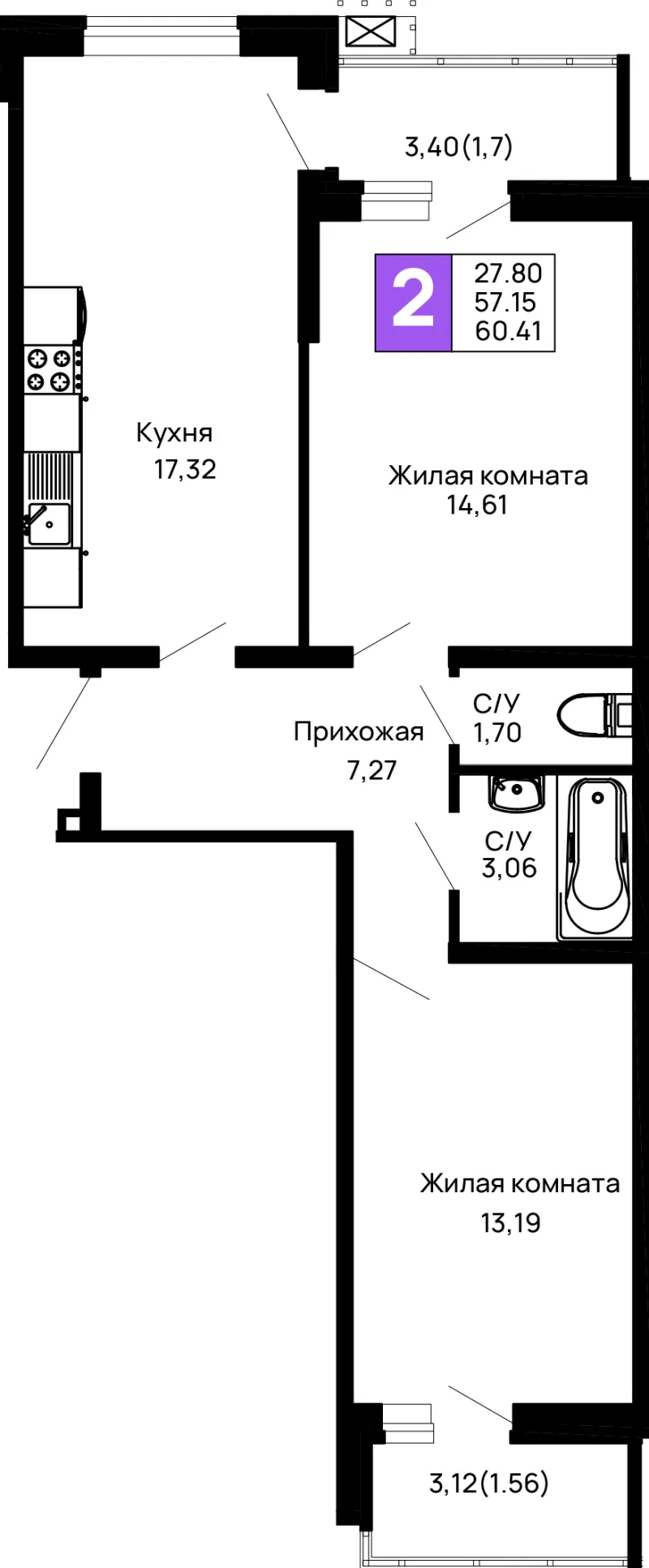 2-комн. 60.4 м²