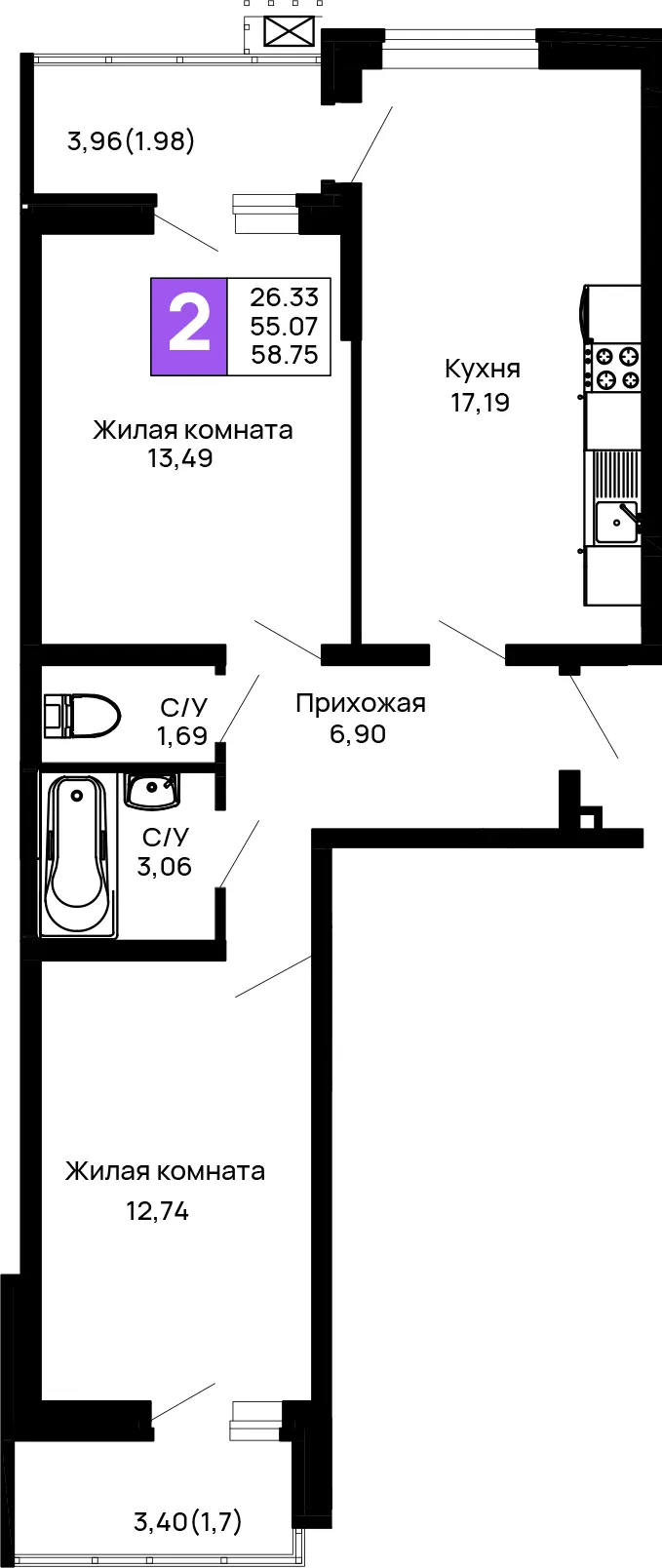 2-комн. 58.8 м²