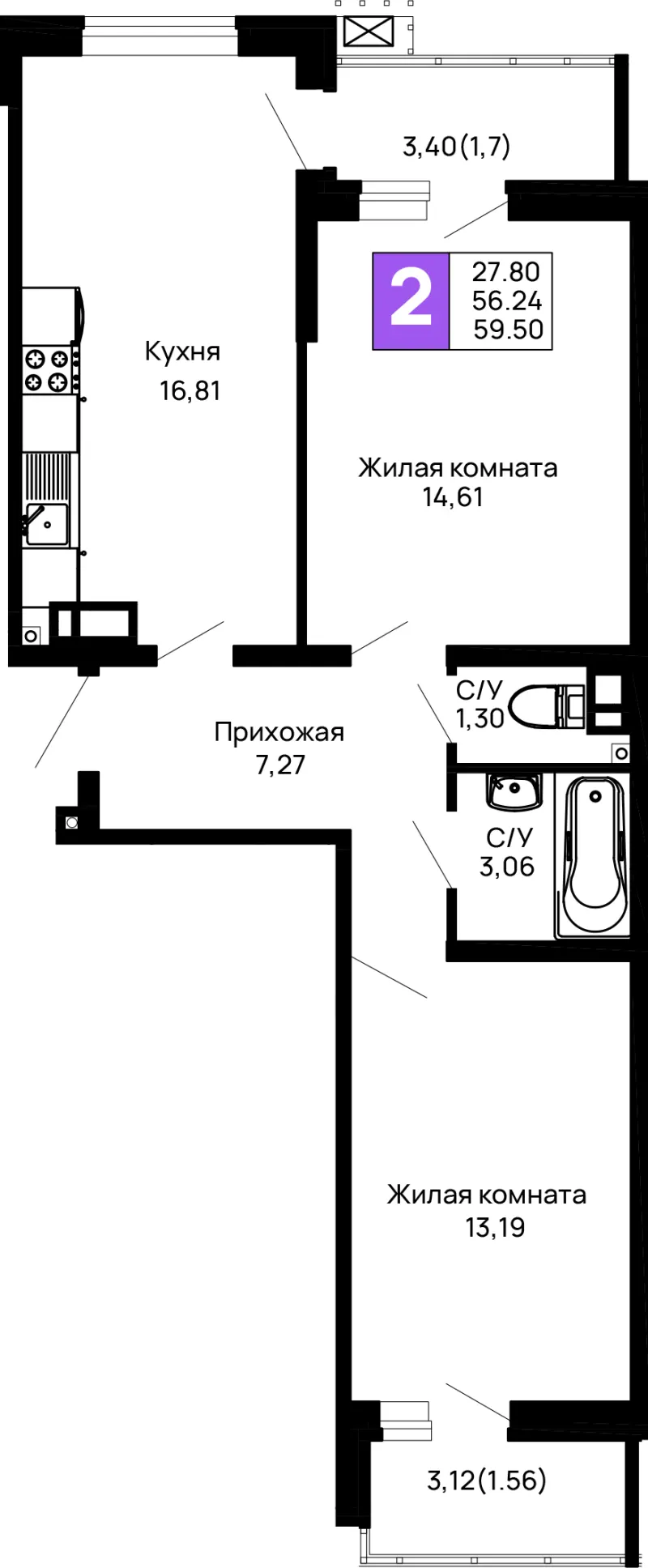 2-комн. 59.5 м²