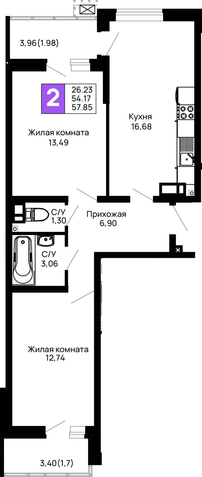 2-комн. 57.9 м²